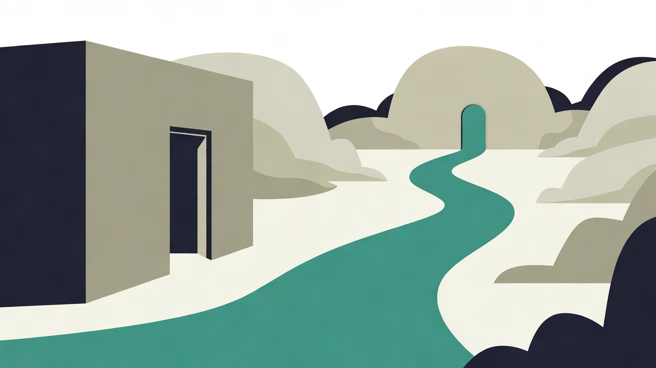 Flat illustration of a winding teal path leading away from a tall grey enclosed block towards a small arched doorway in soft limestone-coloured hills