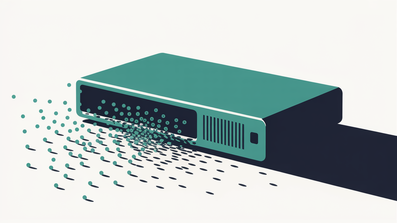 Abstract flat illustration of a warm grey server-like block shape with scattered teal dots drifting away from it, suggesting unmonitored maintenance tasks left unattended