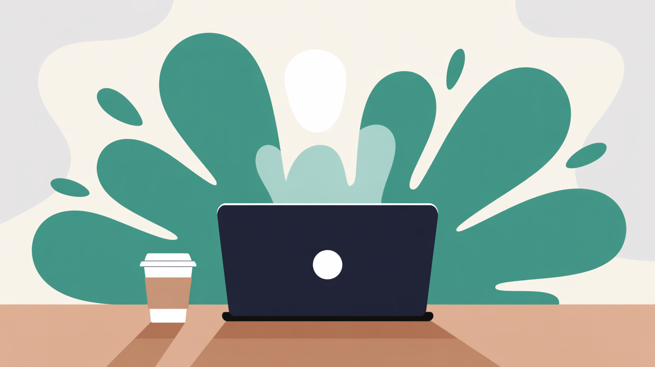 Flat illustration of a laptop with abstract teal shapes radiating outward suggesting a website launching, coffee cup beside it on warm grey background