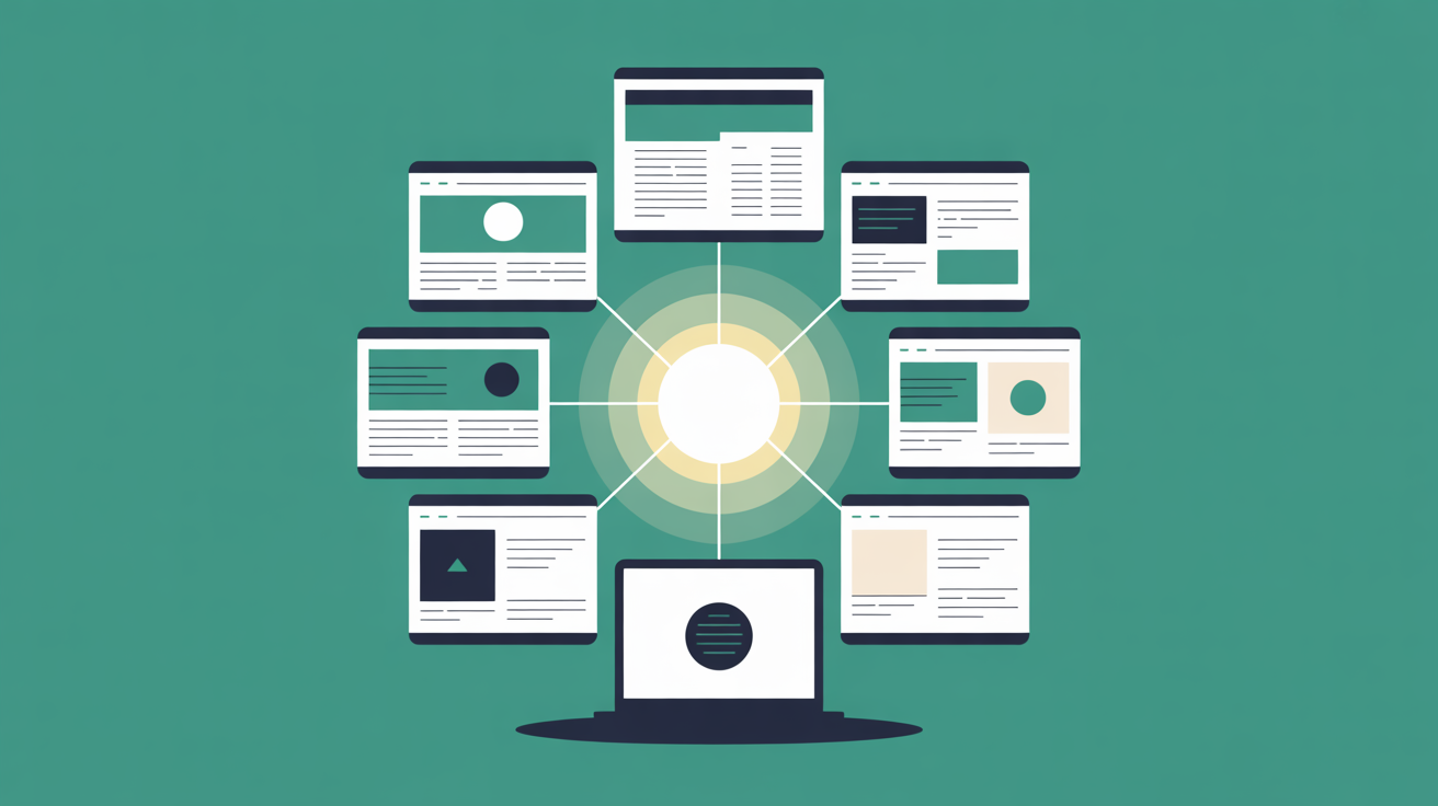 Abstract flat illustration of interconnected feature modules radiating from a central hub, teal accents on warm grey background