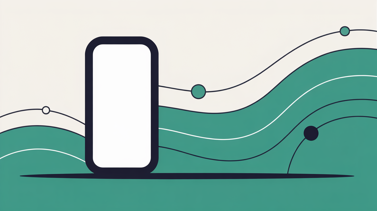 Flat illustration of a smartphone outline beside a gently rising line and scattered abstract data points in teal on a warm grey background