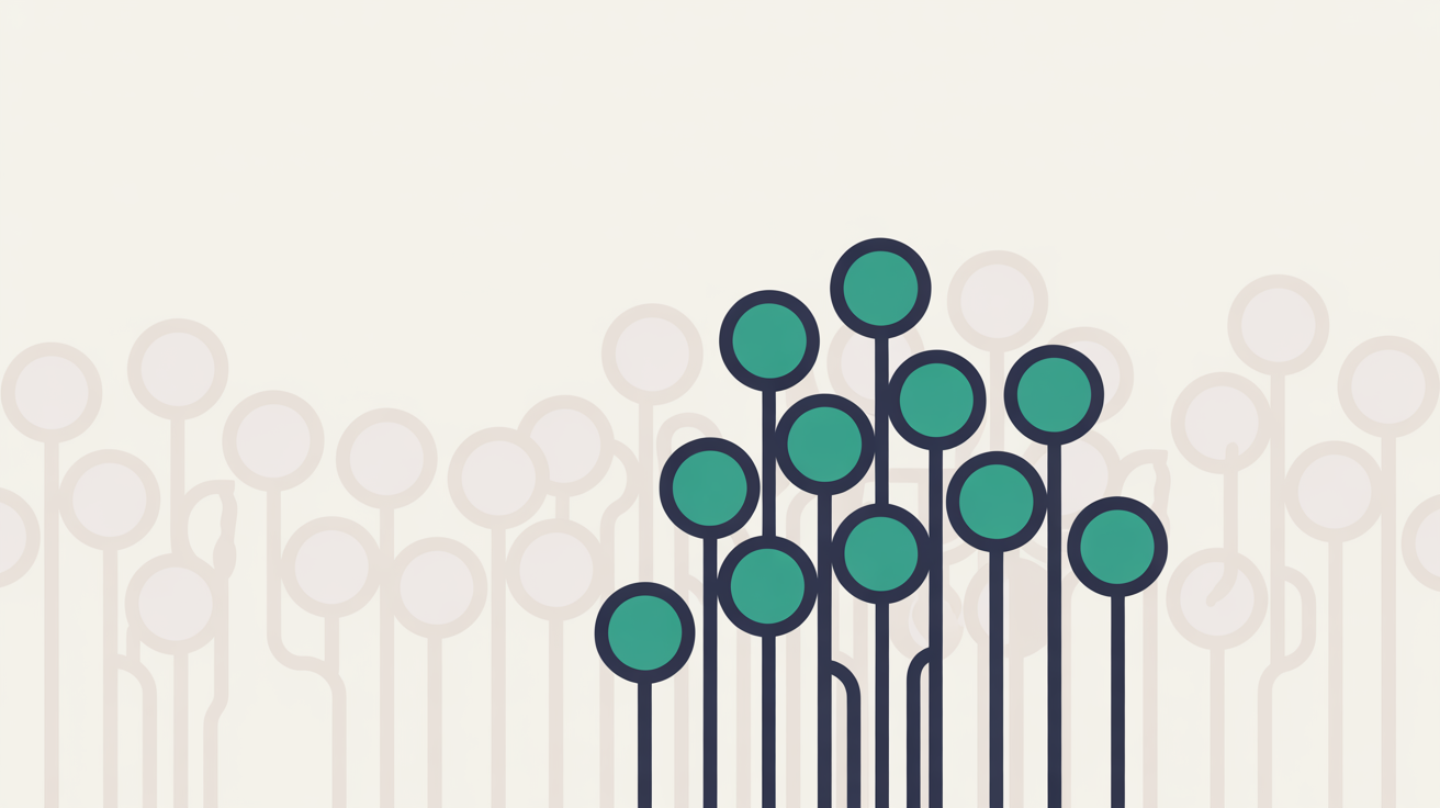 Flat abstract illustration of a single rising line and a few simple data points highlighted among many on a warm grey background, suggesting a handful of numbers that matter