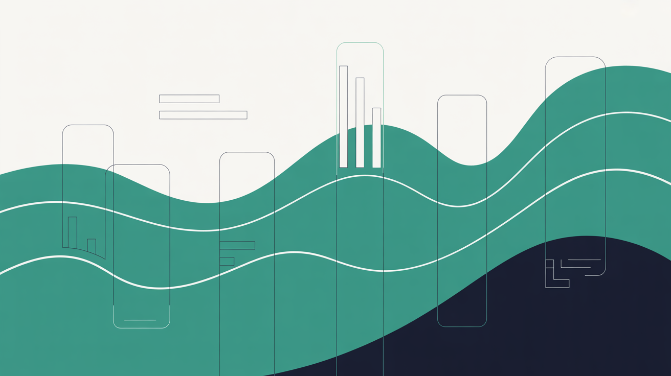 Minimal flat illustration showing clean data visualisation elements with teal accent shapes on warm grey background