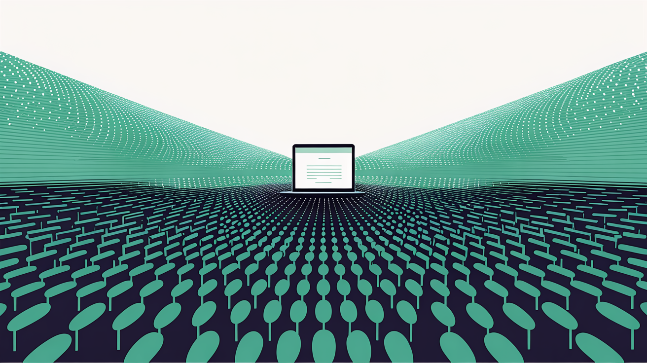 Illustration of a single website node surrounded by a dense field of small automated dots converging on it