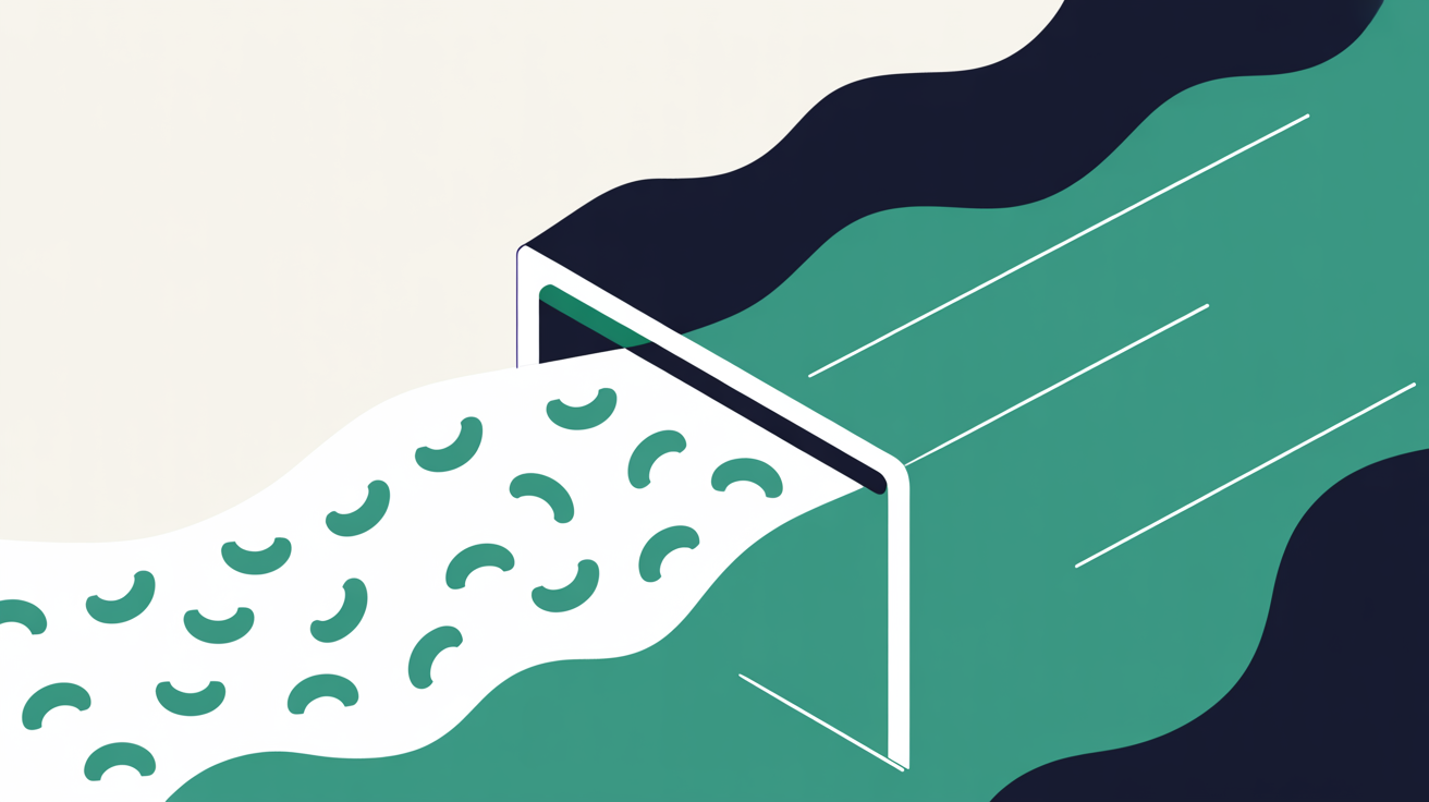 Illustration of a gateway filtering a stream of shapes, letting some through in teal and turning others away