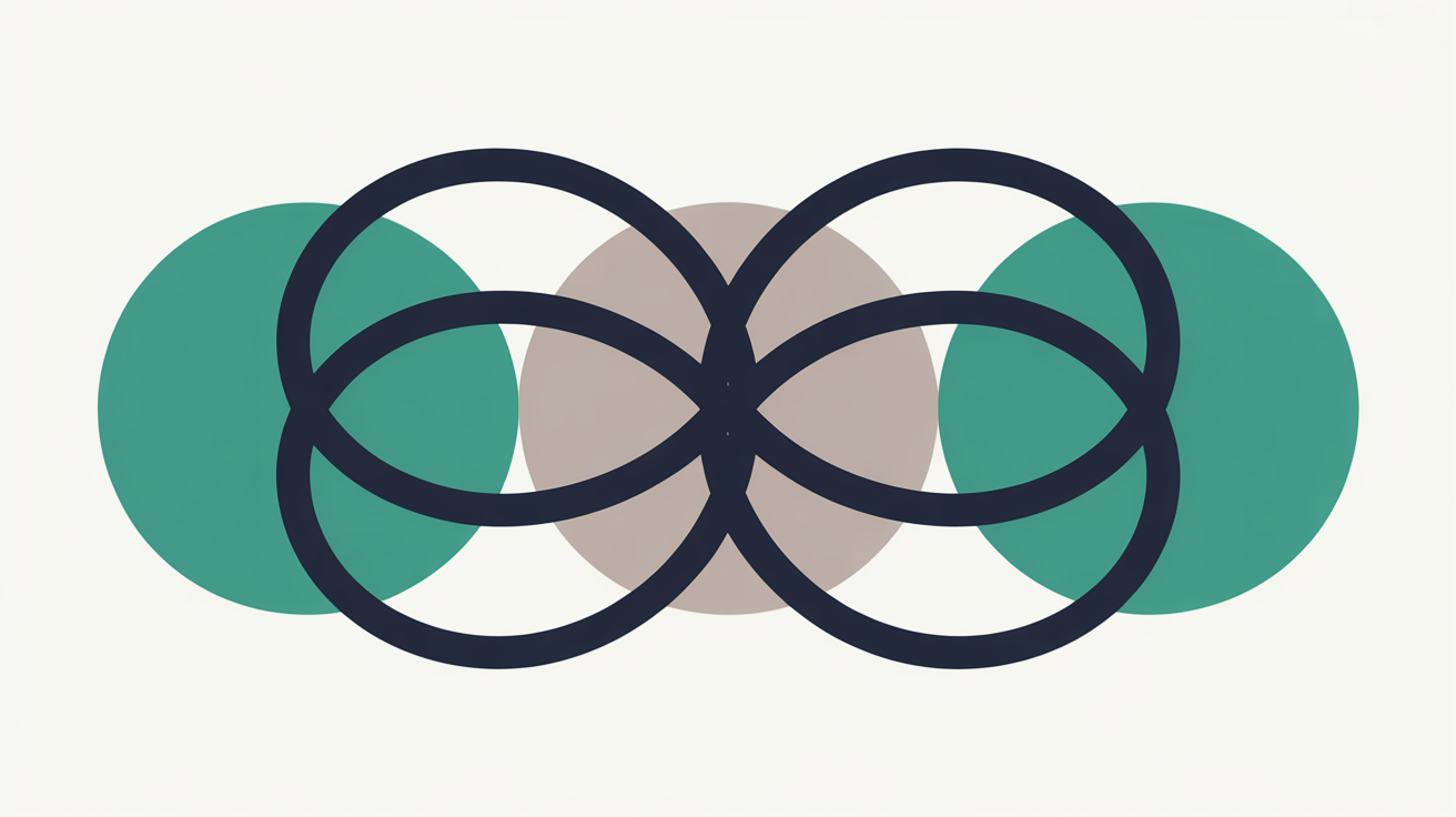 Flat abstract illustration of three separate circles joined by tangled crossing lines that lead nowhere, suggesting divided responsibility, on a warm grey background