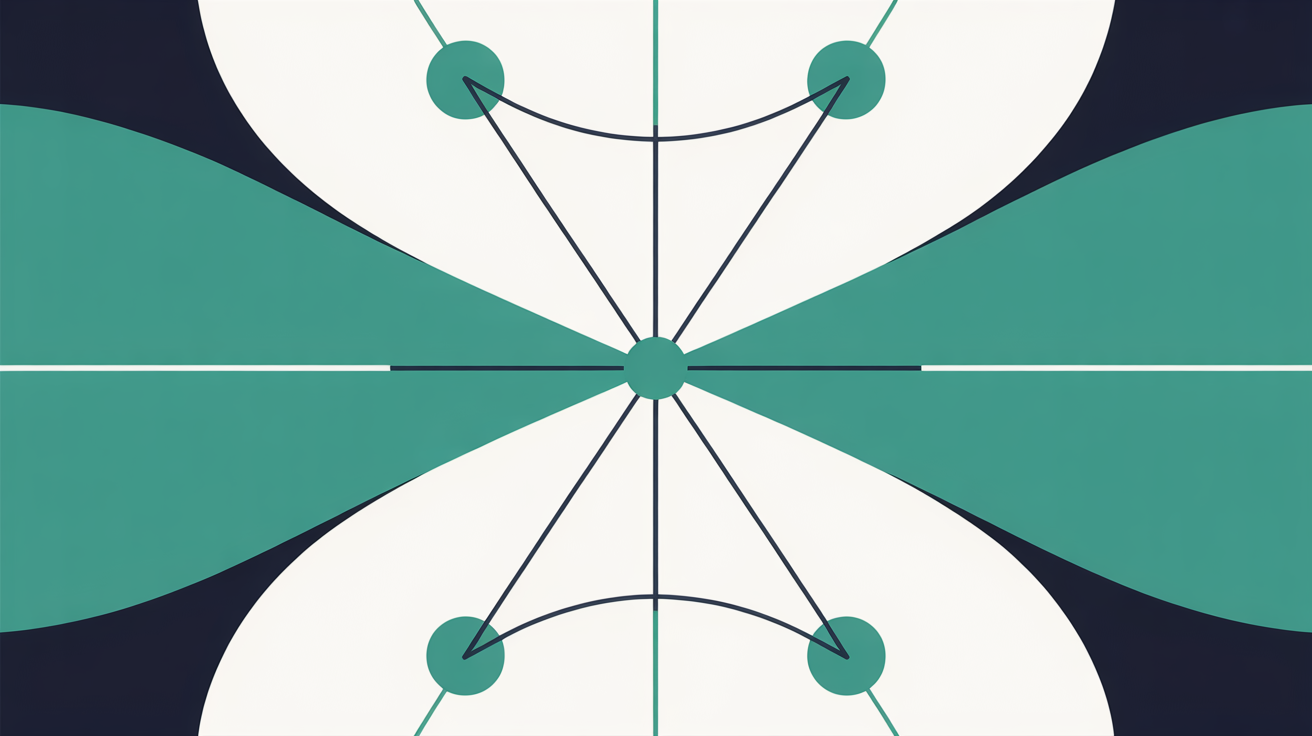 Flat abstract illustration of one central teal node with orderly balanced lines radiating outward to connected points, on a warm grey background, suggesting a single point of responsibility
