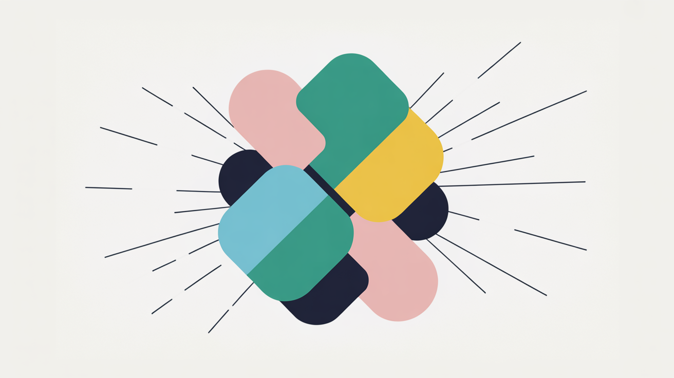 Flat abstract illustration of scattered disconnected shapes on the left gradually merging into a single unified teal form on the right, on a warm grey background