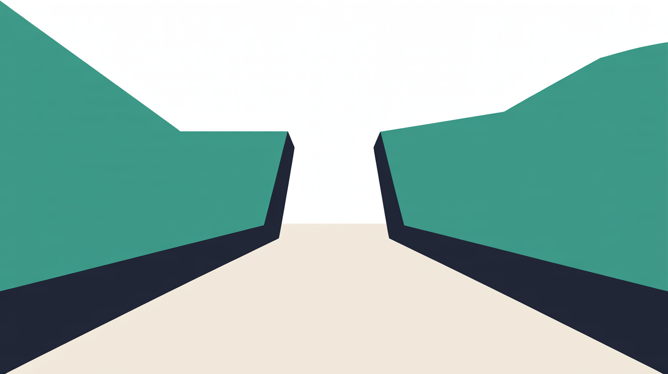 Abstract flat illustration of a teal pathway with a visible gap in the middle, set against a warm grey background