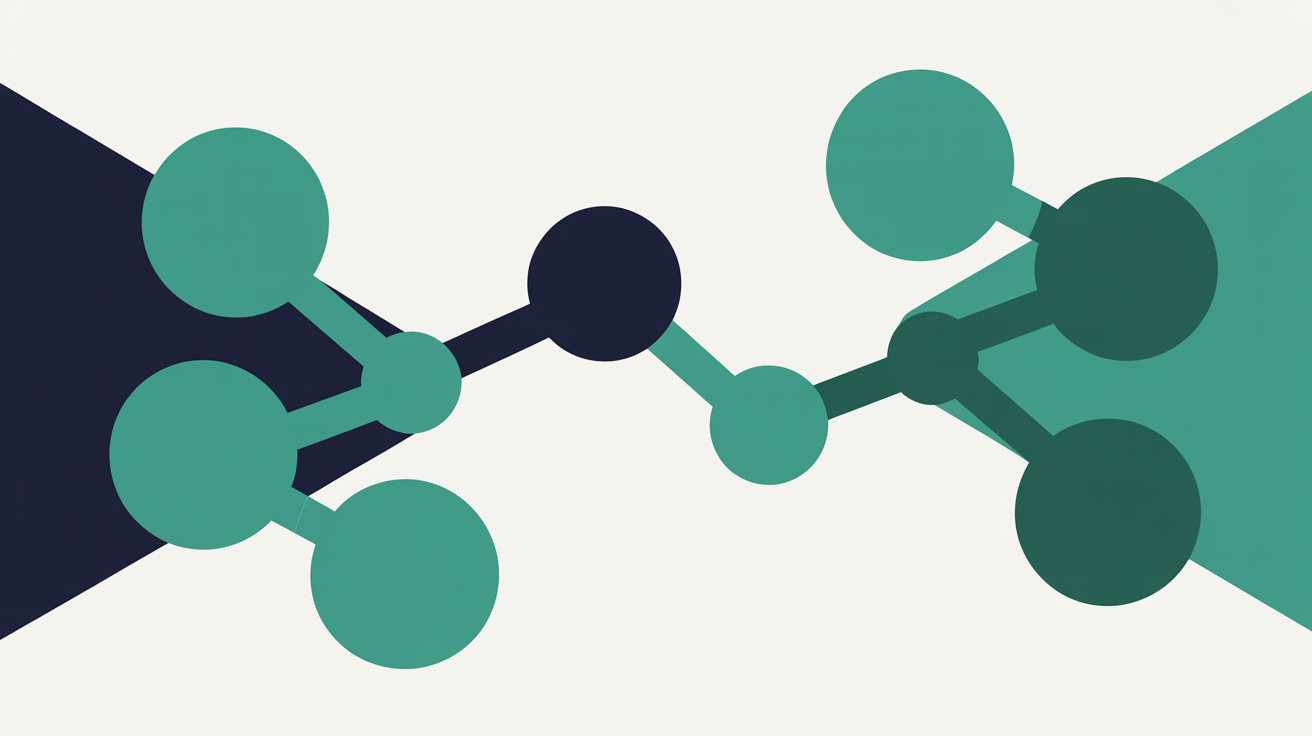 Abstract flat illustration of scattered disconnected nodes with one teal line reconnecting two of them, on a warm grey background
