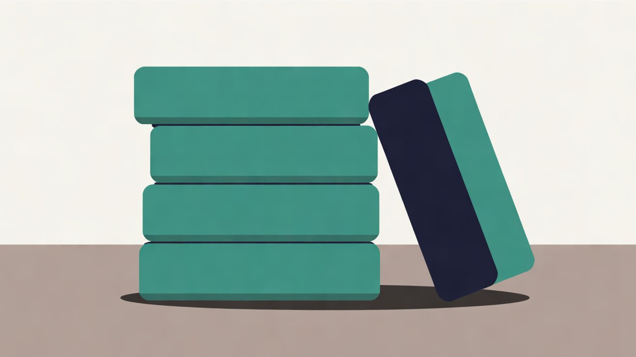 Flat illustration of four teal blocks stacked neatly on a taupe surface, with a single navy and teal block leaning to one side