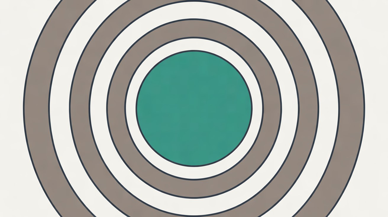 Abstract flat illustration of a calm teal circle protected by concentric warm grey rings on an off-white background, suggesting a stable, protected system