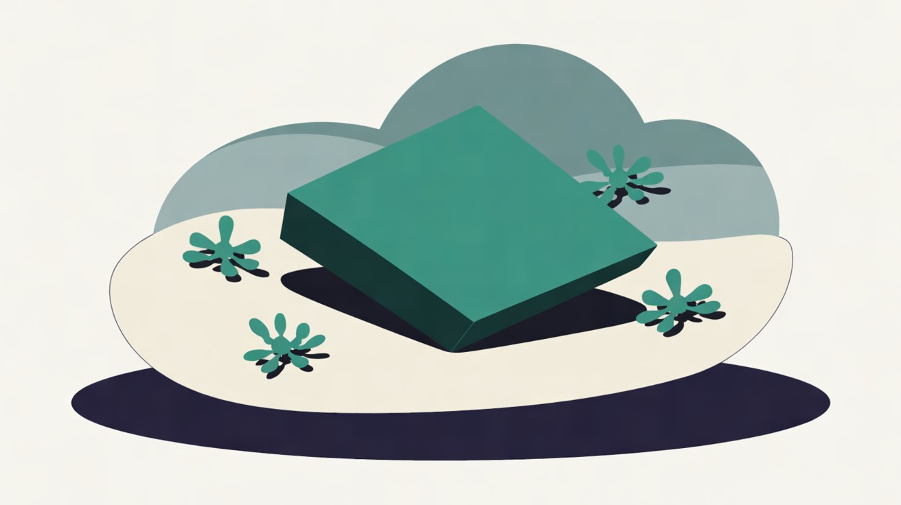 Flat illustration of a teal slab resting on a cream platform with small teal snowflake-like shapes around it, on an off-white background
