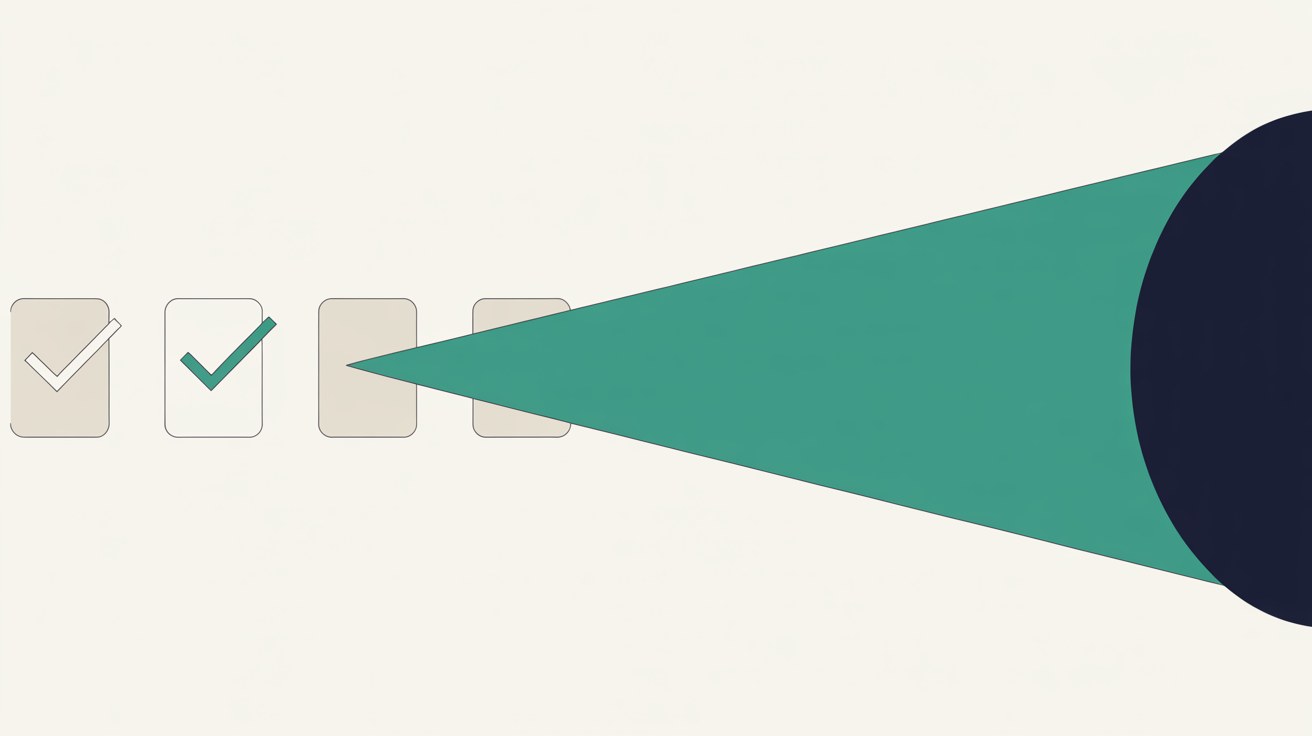 A bright teal wedge passing through a row of small check boxes, two of them already ticked
