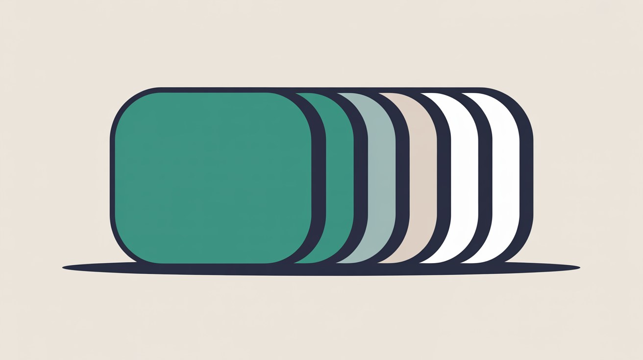A row of identical rounded panels stacked and offset from one another, the front one bright teal and the ones behind fading to grey