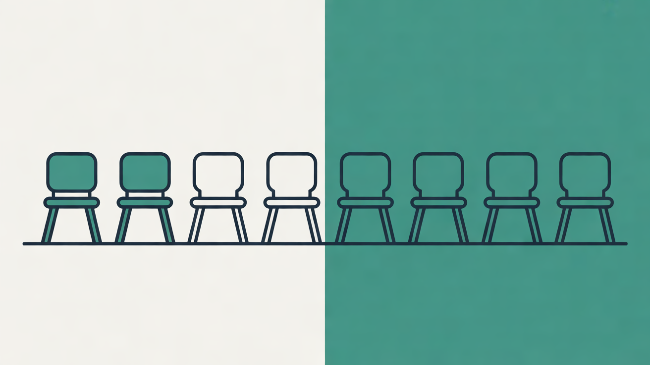 Row of eight simple chairs, the first two filled in teal and the next two left as empty outlines, against a split stone and teal background