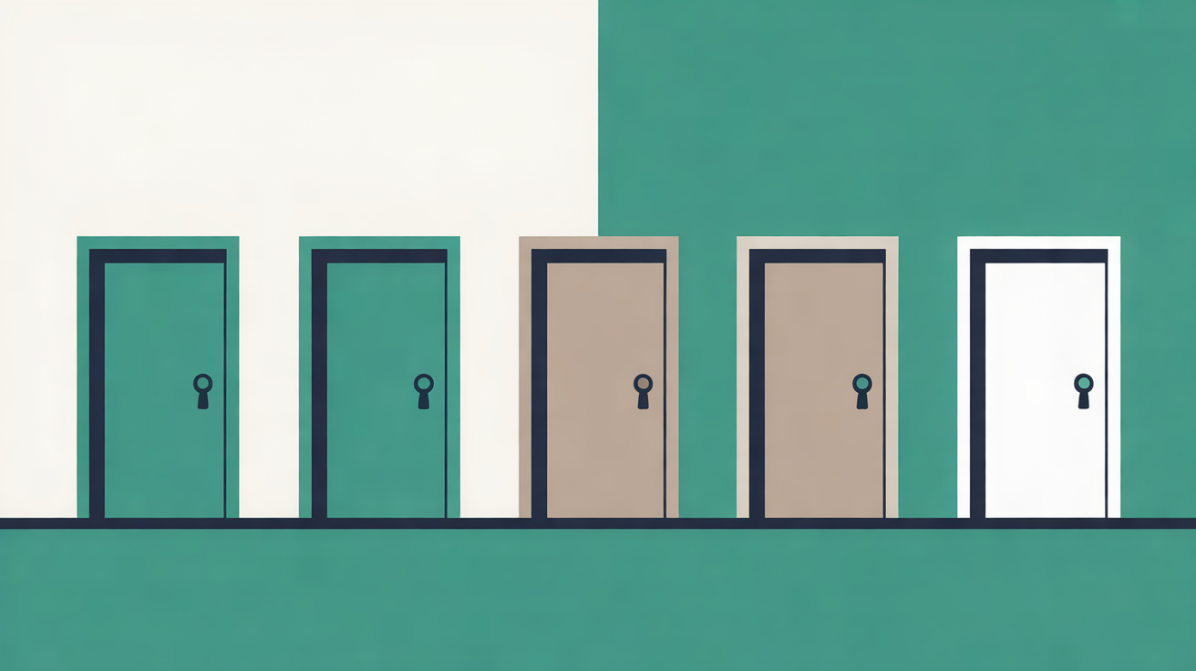 Row of five separate doors in teal, stone and white, each with its own keyhole