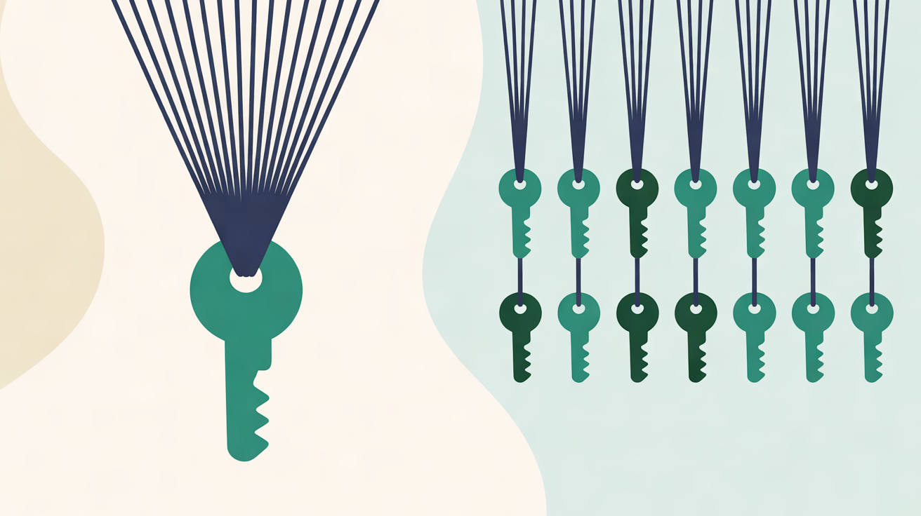 Flat illustration contrasting one large teal key held by many converging navy strings with rows of separate small keys, each on its own string