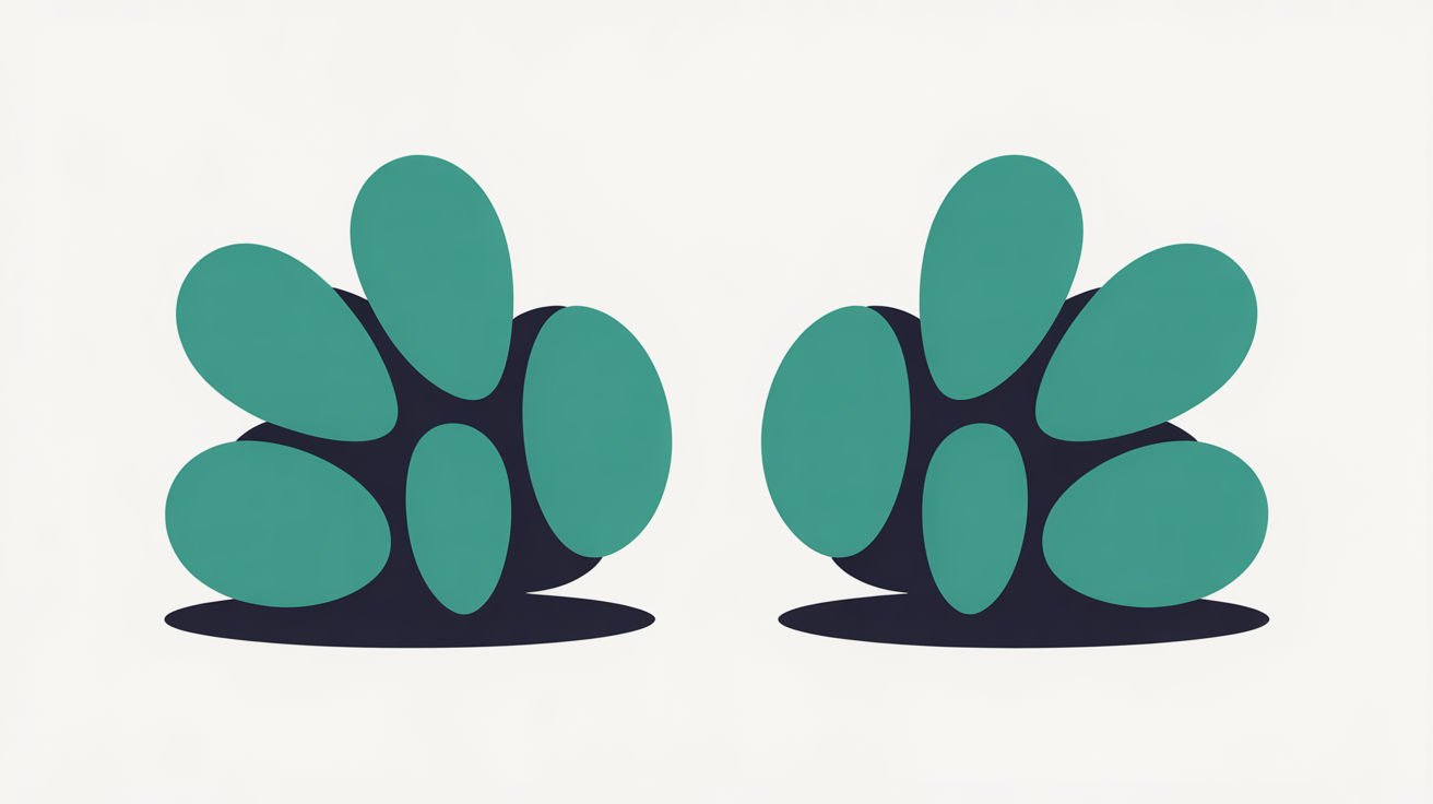Flat abstract illustration of two separate clusters of teal shapes, one labelled in spirit as a customer search and one as a website, failing to connect across a gap on a warm stone grey background