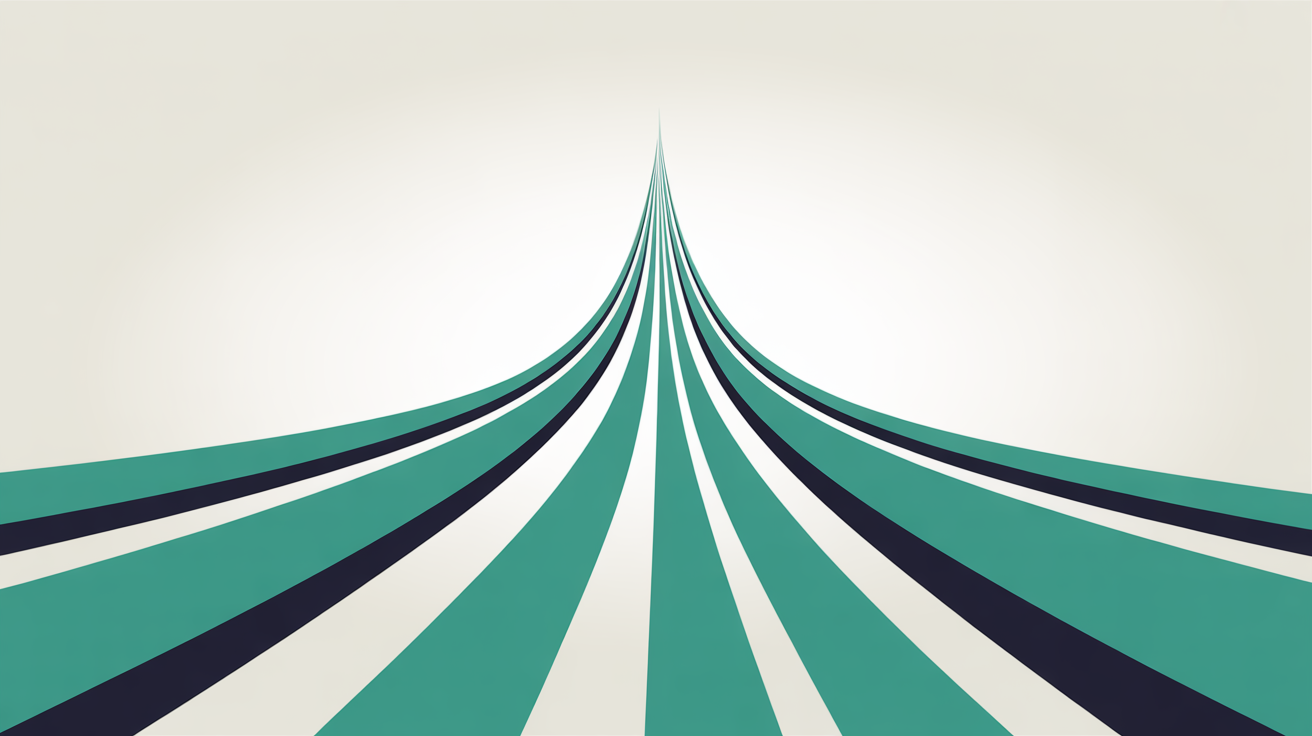 Flat abstract illustration of teal lines converging and accelerating upward into a single clear path on a warm stone grey background, suggesting search visibility improving over time