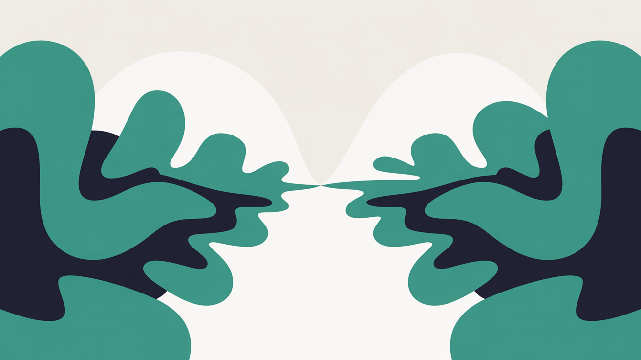 Flat abstract illustration of two clusters of teal shapes connecting into a single rising path on a warm stone grey background, suggesting customer searches matching a website's words