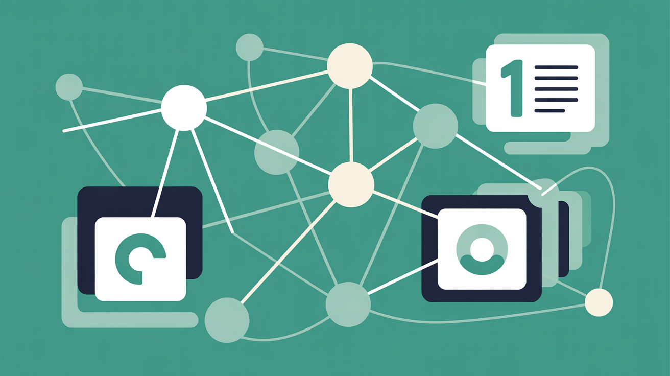 Abstract illustration of data nodes connecting and updating, teal lines on warm grey background