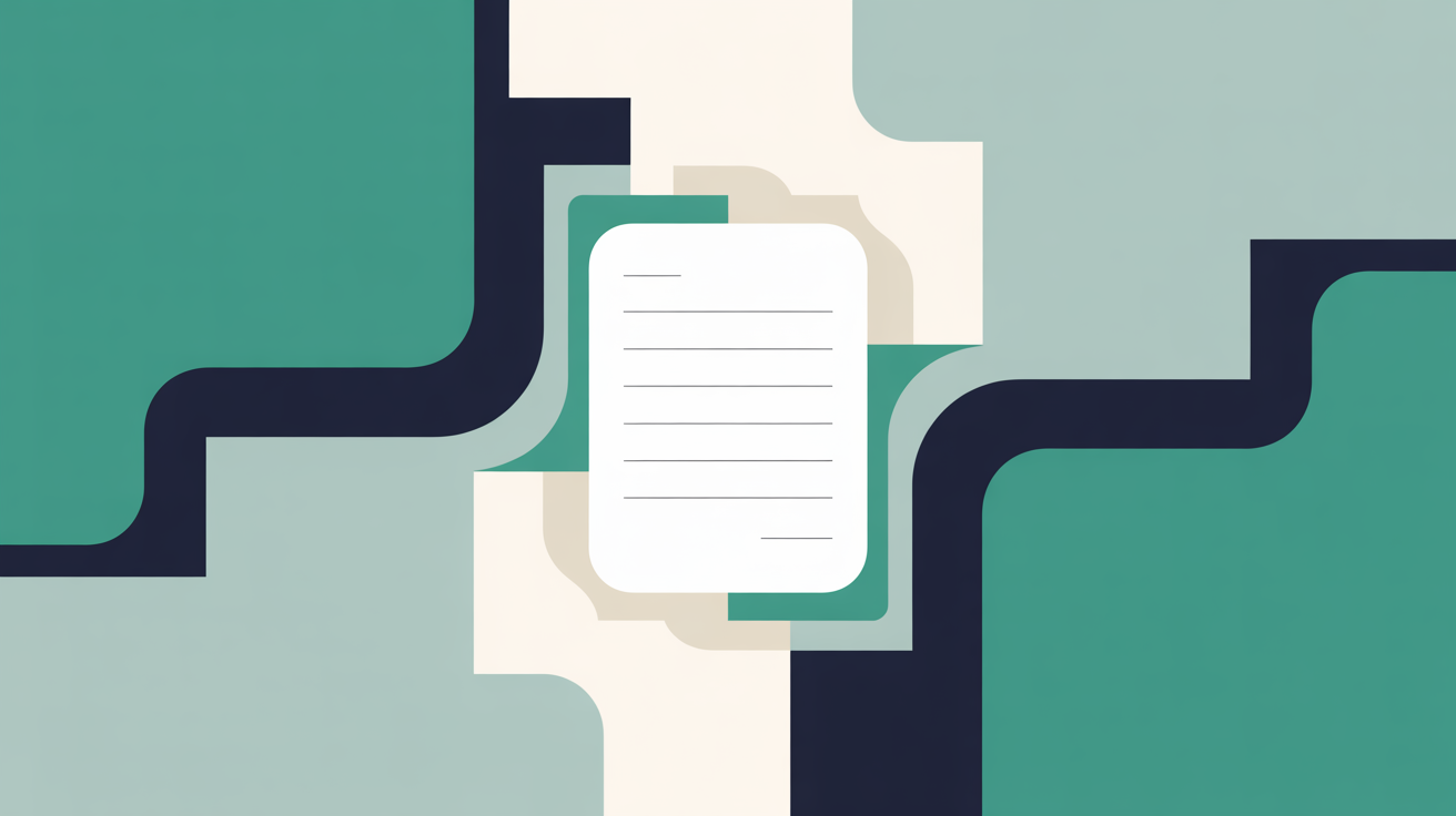 Flat illustration of layered document shapes suggesting organised content management, teal and warm grey palette