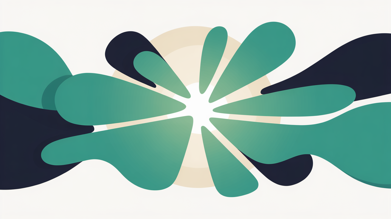 Flat illustration of overlapping teal shapes suggesting a barrier breaking apart on warm grey background