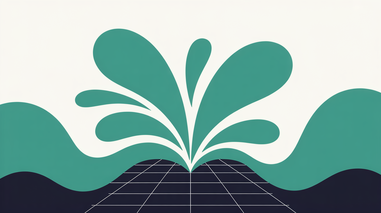 Abstract flat illustration of flowing teal shapes rising upward suggesting digital transformation and cost reduction