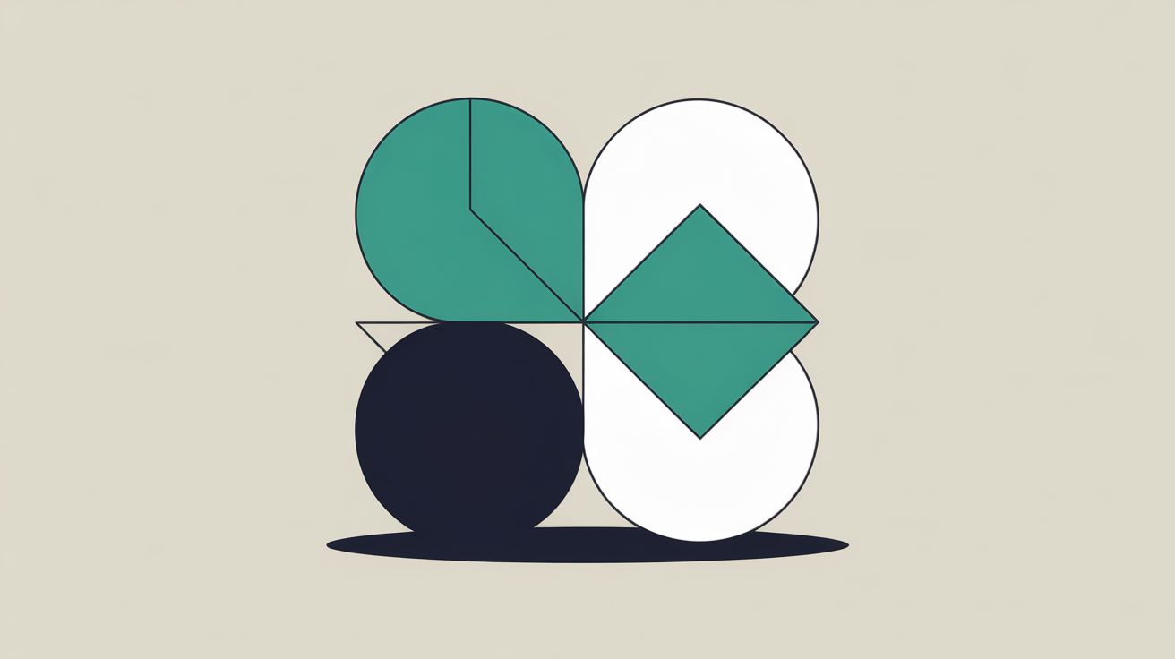 Abstract flat illustration of overlapping geometric shapes suggesting cost comparison and value balance in teal and warm grey