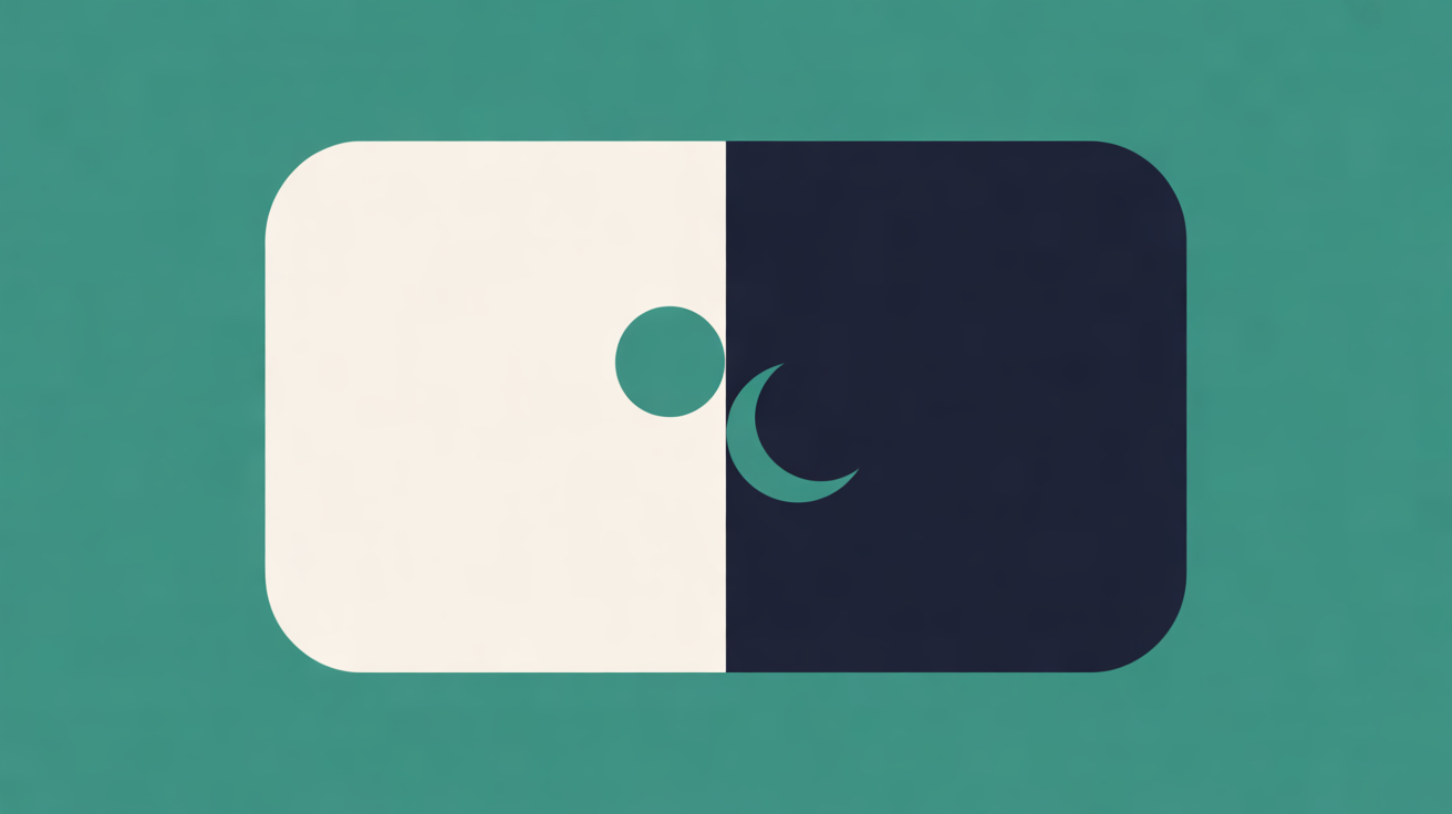 Flat illustration of a rounded panel split into an off-white half and a deep navy half, with a teal circle and a teal crescent moon meeting at the divide, on a teal background