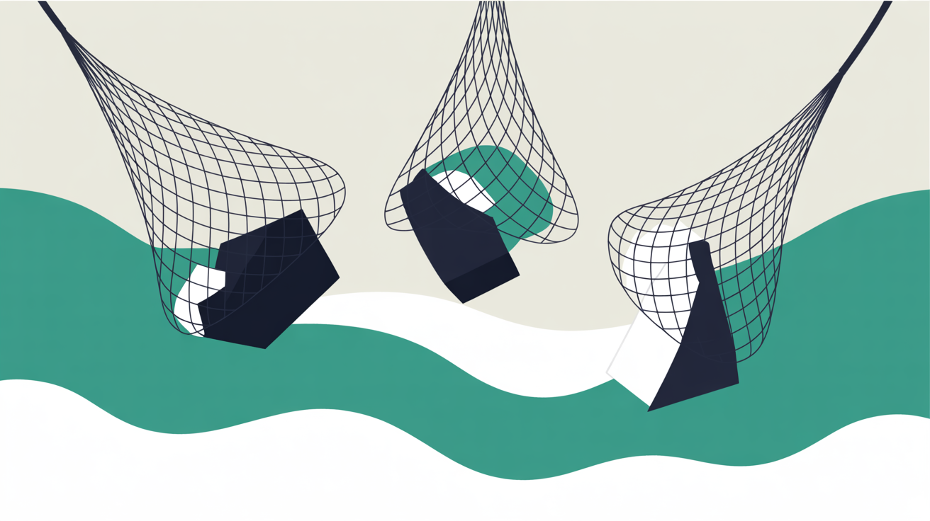 Abstract illustration of layered safety nets catching falling geometric shapes, teal accents on warm grey