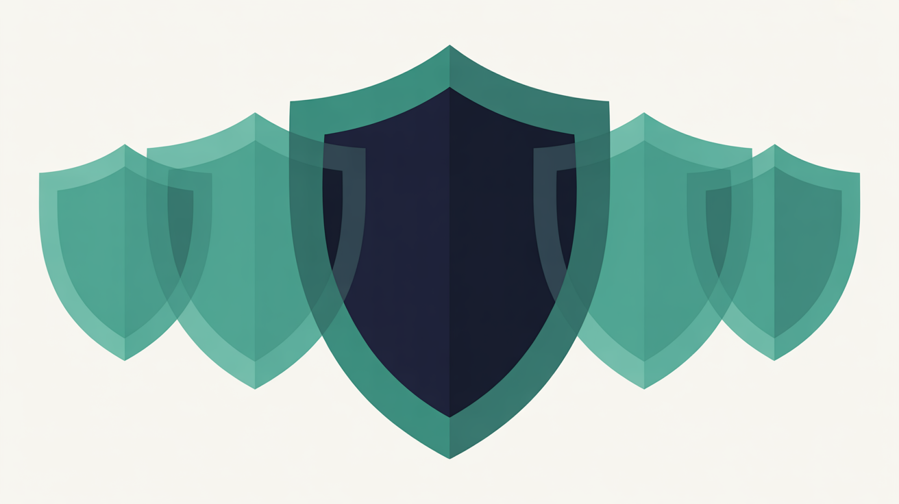 Layered geometric shields protecting a central node, teal and navy on warm grey background