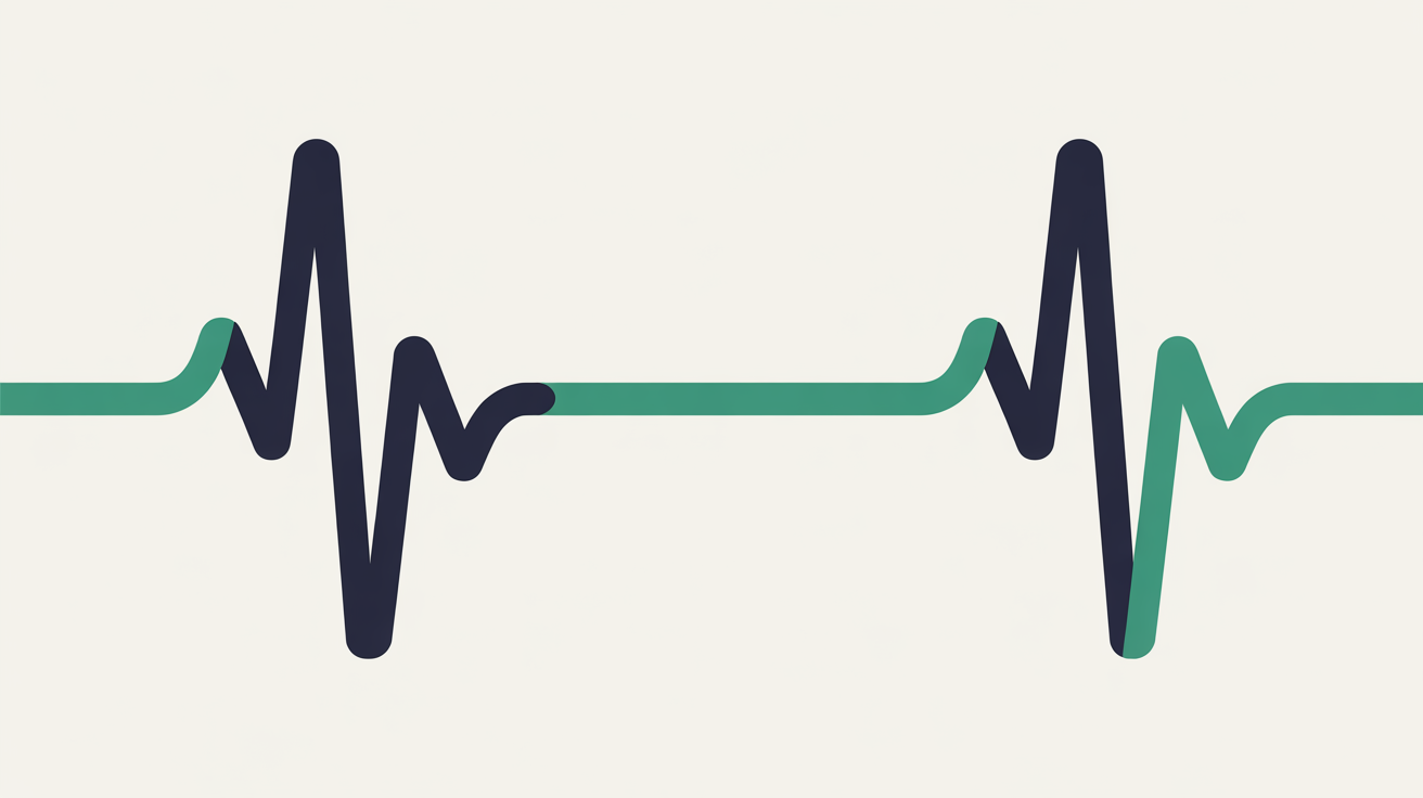Flat illustration of a steady heartbeat-style monitoring line that flattens into a flat gap then recovers, on a warm grey background