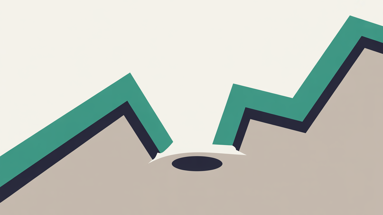 Flat illustration of an upward teal line broken by a gap then resuming lower, on a warm grey background, suggesting interrupted momentum