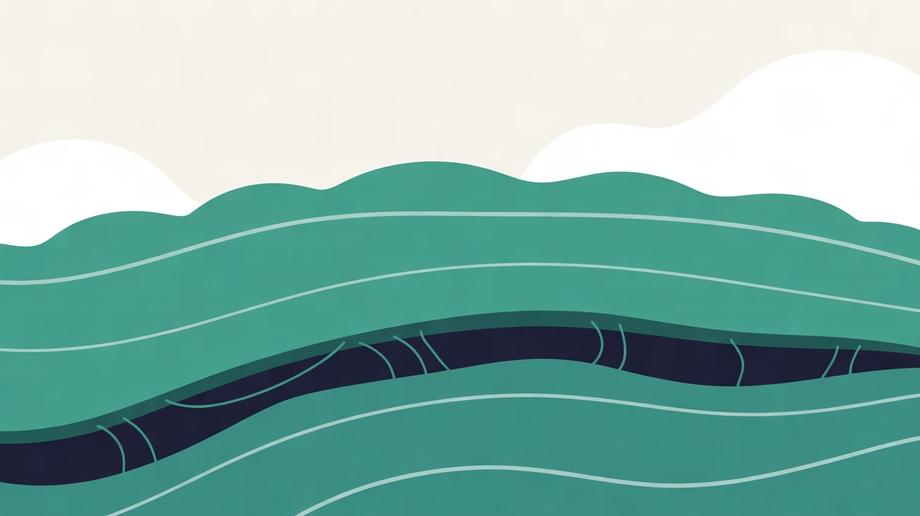 Flat illustration of wavy teal layers like a cross-section of ground, with a dark navy band running hidden beneath the upper layers