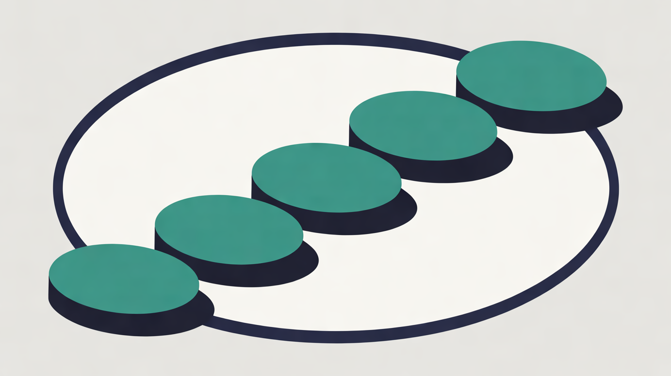 Flat illustration of five teal stepping stones rising in a line across a large oval outlined in navy on a pale grey background