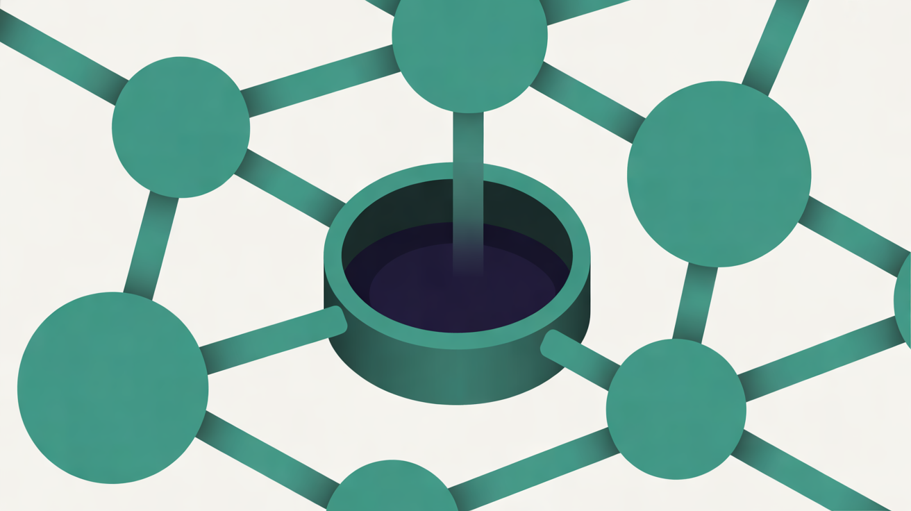 Flat illustration of teal network nodes linked by thick lines around a sealed ring with a dark navy centre, on an off-white background