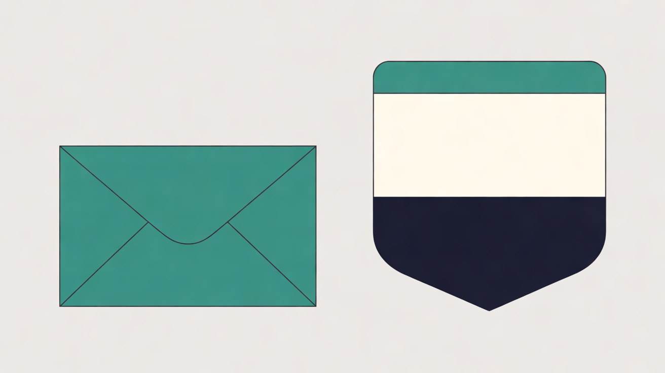 Flat illustration of a teal envelope standing apart from a teal, cream and navy shield on a warm grey background