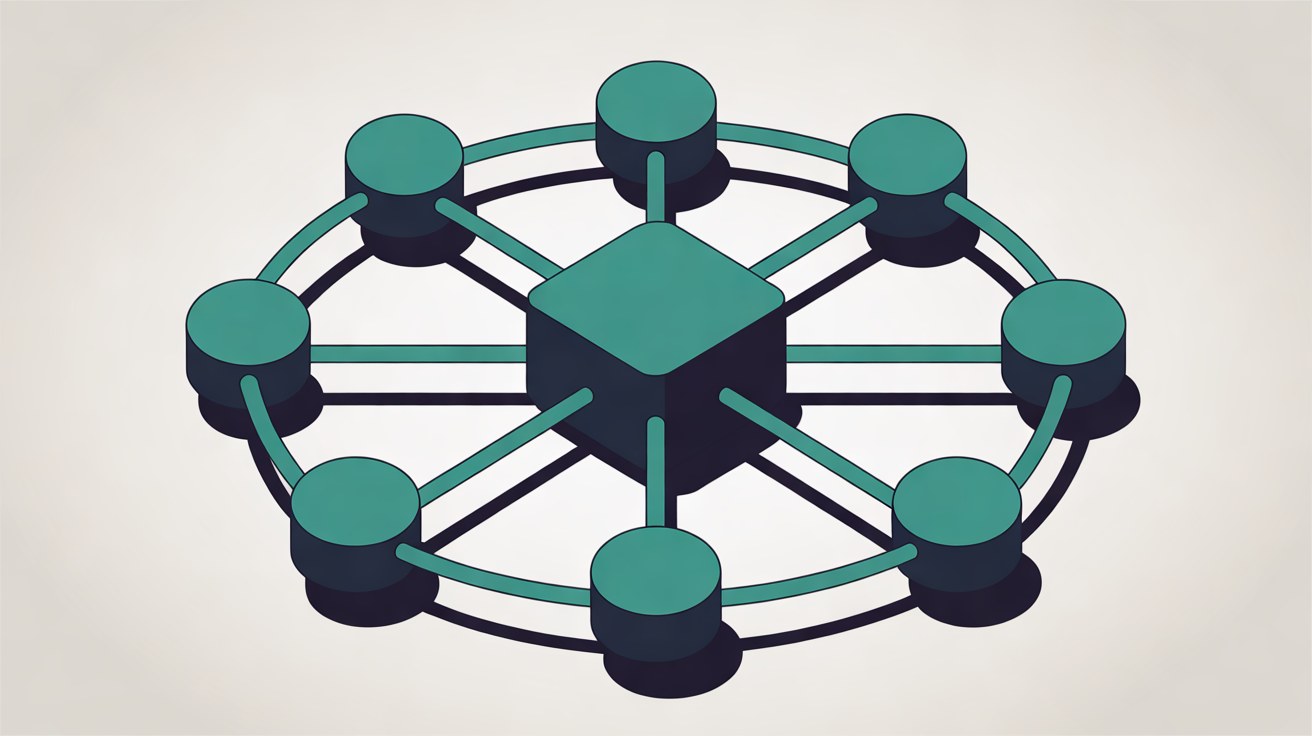 Abstract flat illustration of teal network nodes around a protected central block on a warm stone grey background