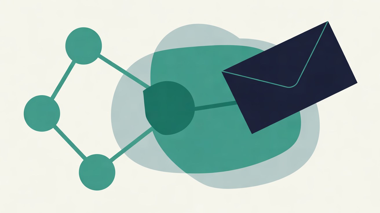 A large navy envelope pressing against a cluster of teal network nodes and soft overlapping circles on an off-white background