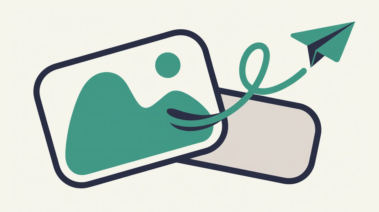 Flat illustration of two overlapping preview cards, one filled with an abstract image and one left blank, with a paper-plane motif suggesting a link being shared