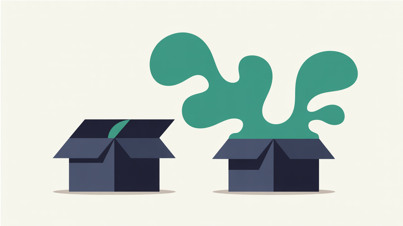 Flat abstract illustration of a sealed locked box beside an open box with teal shapes flowing freely out of it on a warm stone grey background, contrasting trapped content with portable content