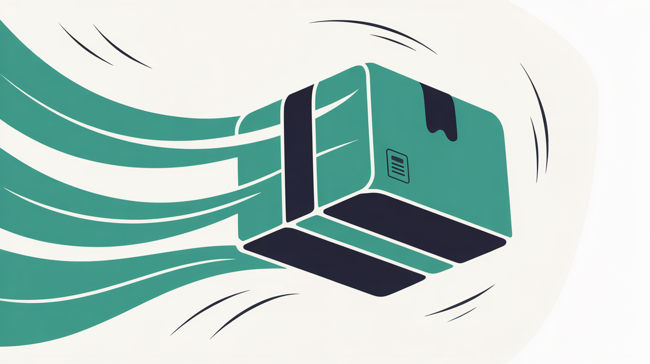 Flat abstract illustration of a package with teal motion lines being carried freely across a warm stone grey background, suggesting a website that can be picked up and moved between hosts