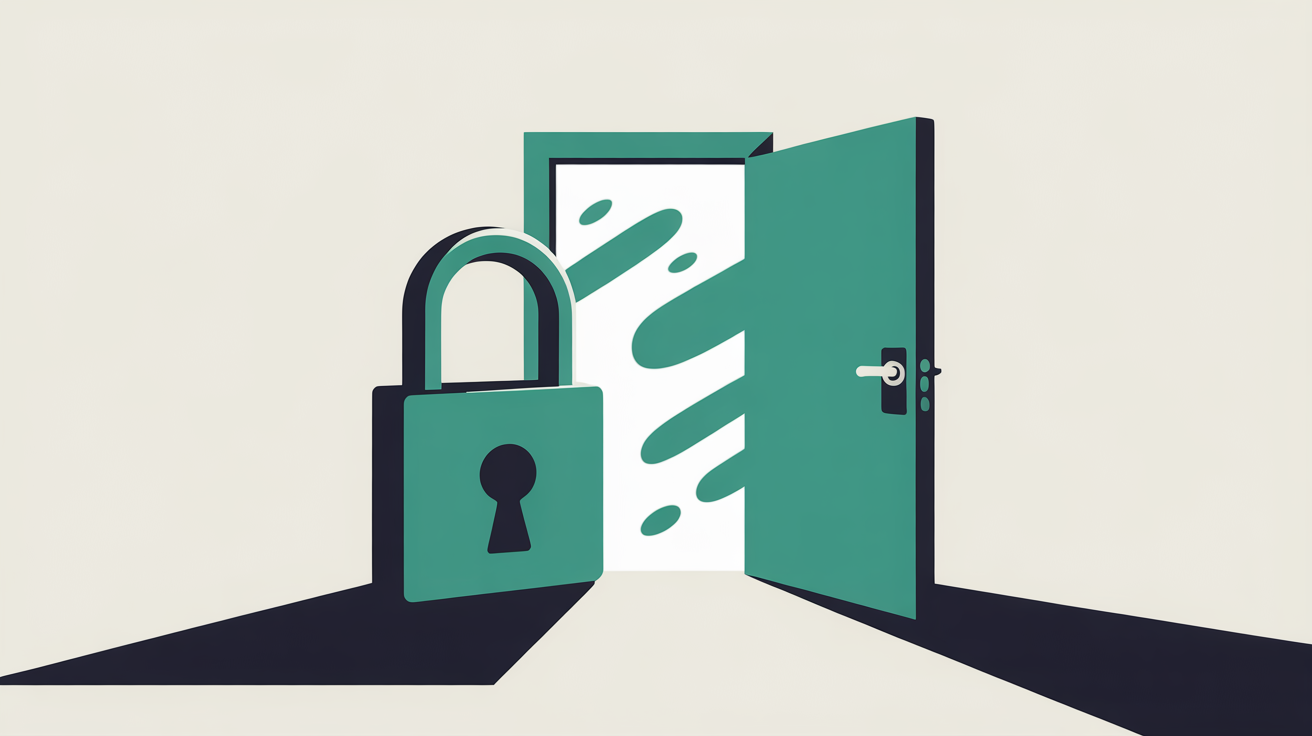 Flat abstract illustration of an open padlock beside an open doorway with teal shapes flowing freely through it on a warm stone grey background, suggesting freedom to leave and ownership