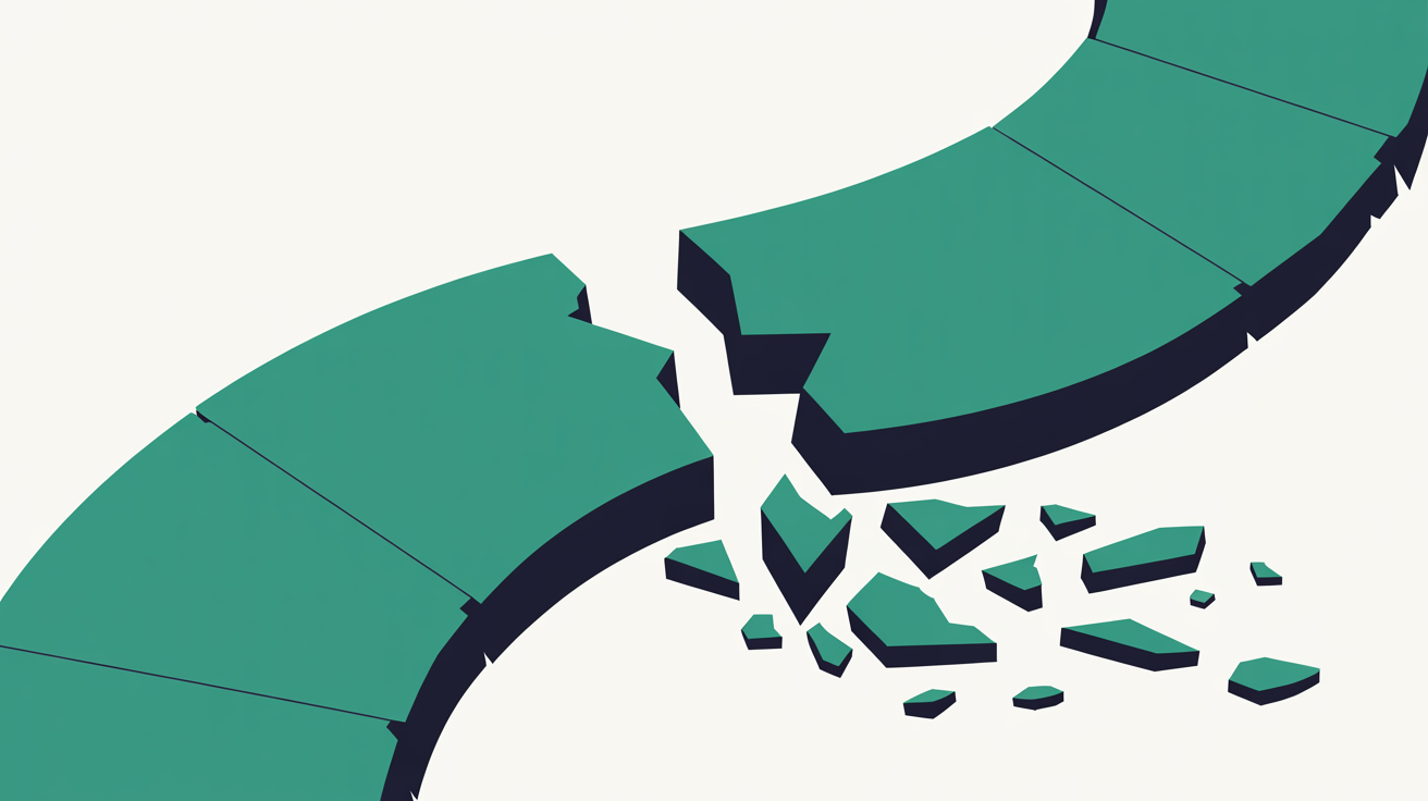 Abstract illustration of a broken teal pathway with one branch reconnecting cleanly to a new route and another branch trailing off into empty grey space