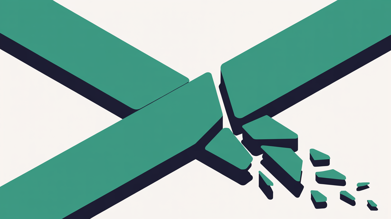 Abstract flat illustration of a teal pathway splitting, one branch reconnecting cleanly to a new route and the other trailing off into empty grey space, on a warm stone grey background