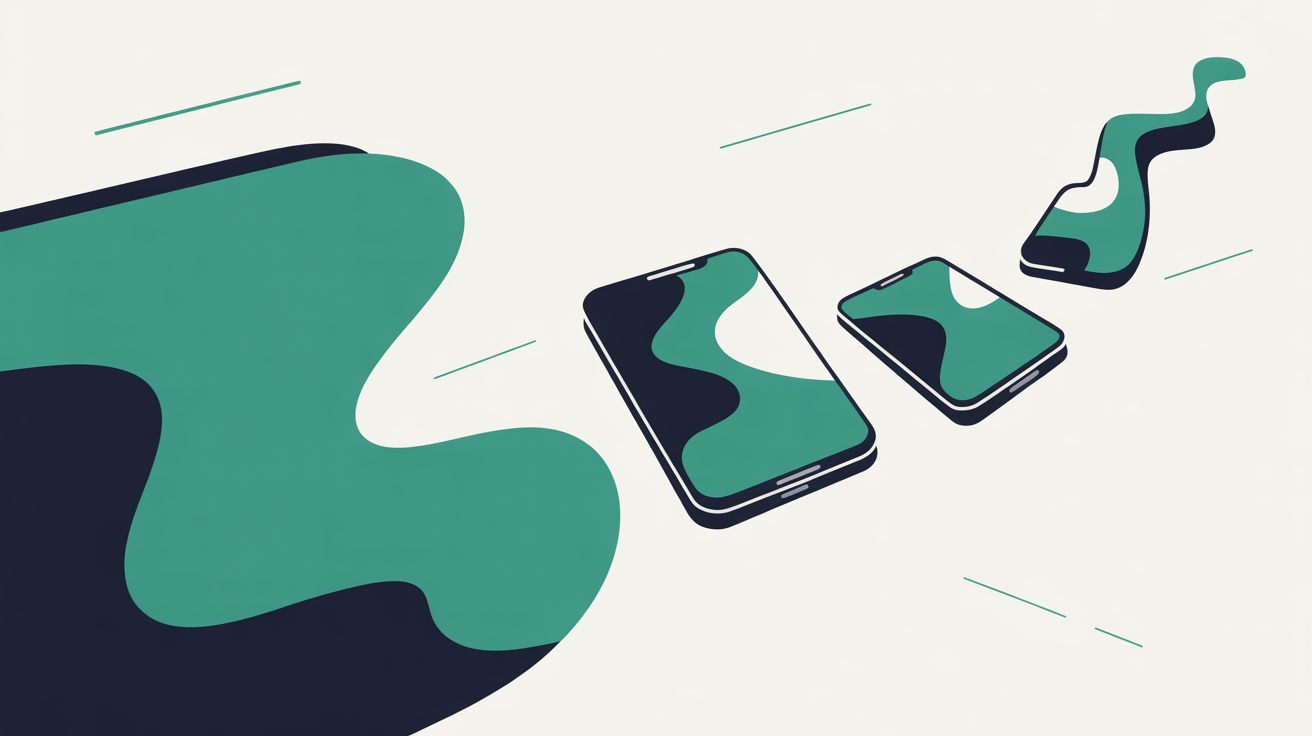 Abstract flat illustration of geometric shapes flowing from a large form into smaller connected pieces, suggesting content moving from desktop to mobile