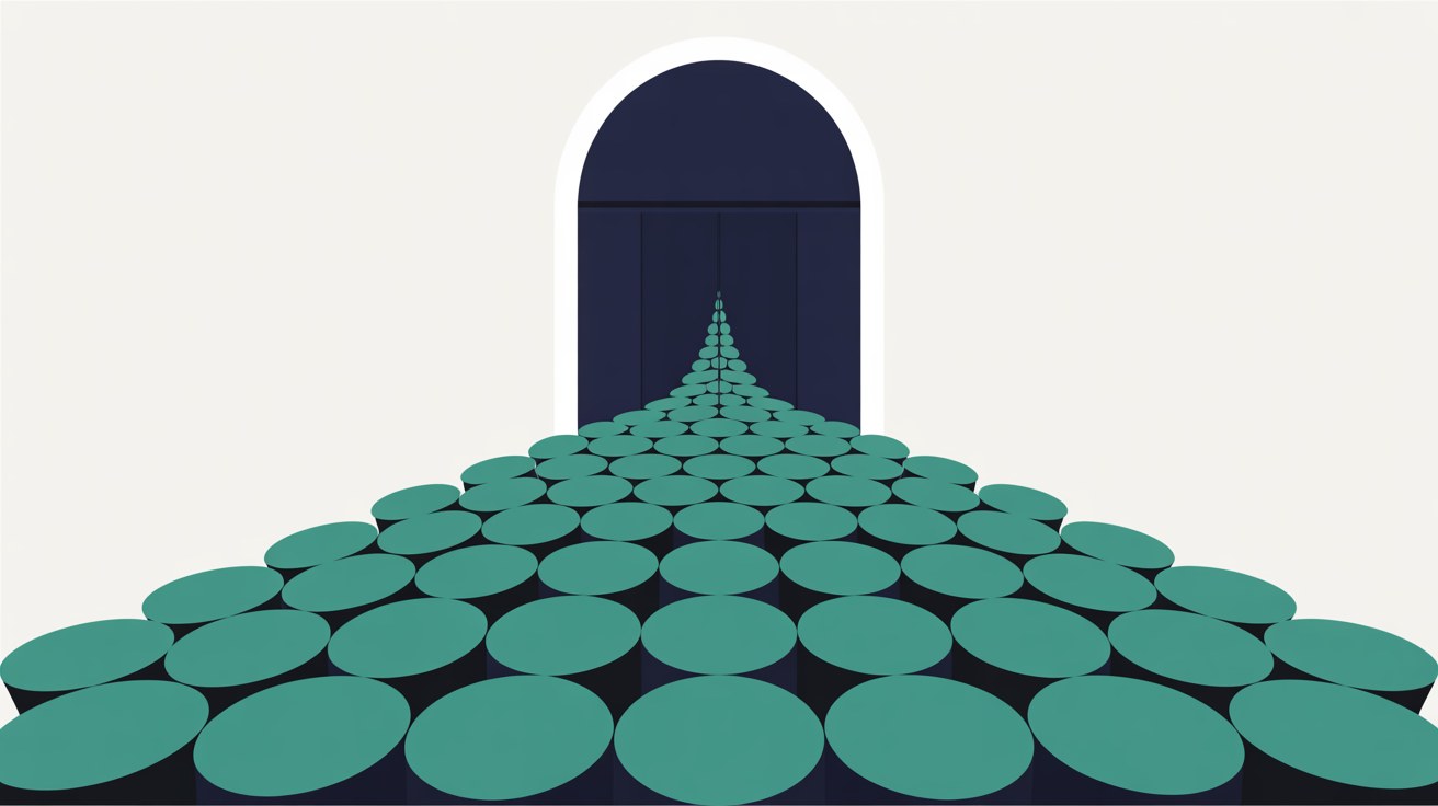 Rows of teal discs converging in perspective toward a single navy arched doorway on a warm grey background