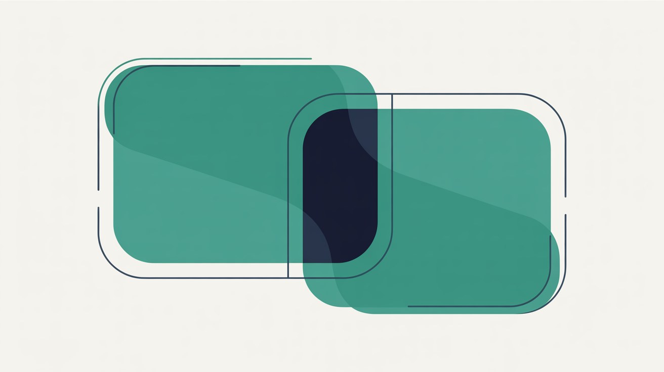 Two overlapping rounded teal rectangles with a dark navy overlap on a warm off-white background
